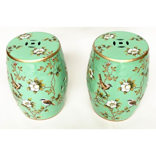 279 - CHINESE STOOLS, 45cm H, a pair, ceramic pierced barrel form, with gilt bird and flower decoration. (... 