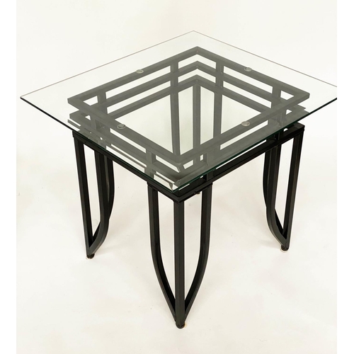 281 - SIDE TABLES, a pair, Art Deco style rectangular bevelled and chamferred glass on triple stretchered ... 