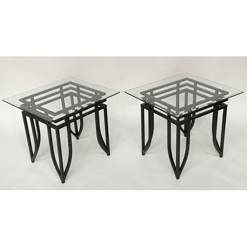 281 - SIDE TABLES, a pair, Art Deco style rectangular bevelled and chamferred glass on triple stretchered ... 