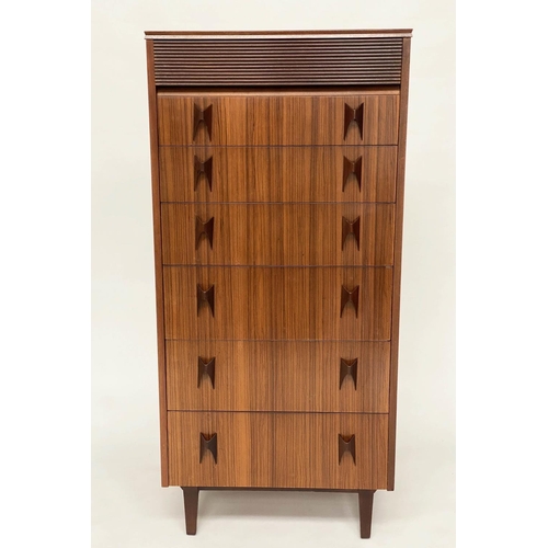 282 - TALL CHEST, 62cm W x 132cm H x 45cm D, 1970's teak, with reeded frieze drawer above six further draw... 