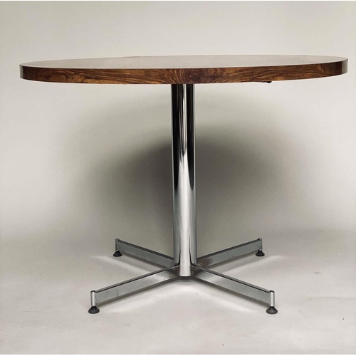 284 - DINING TABLE, Danish manner, teak style laminated, with chrome four star support, 101cm diam. x 72cm... 