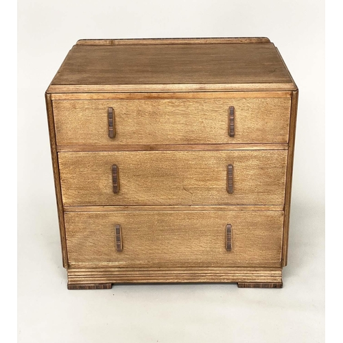 285 - CHEST, Art Deco oak, with three long drawers and rosewood handles, 76cm x 46cm x 76cm H.