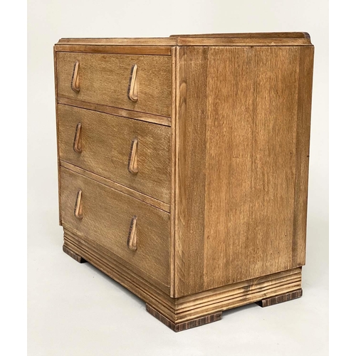 285 - CHEST, Art Deco oak, with three long drawers and rosewood handles, 76cm x 46cm x 76cm H.