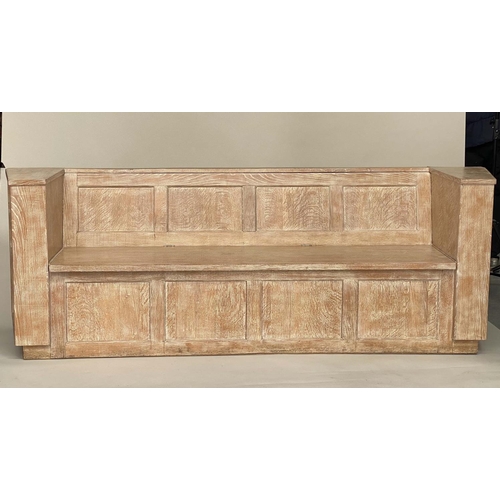 288 - BOX SEAT/SETTEE, Heals style limed oak, with panelled back and rising seat, 247cm x 62cm x 84cm H.