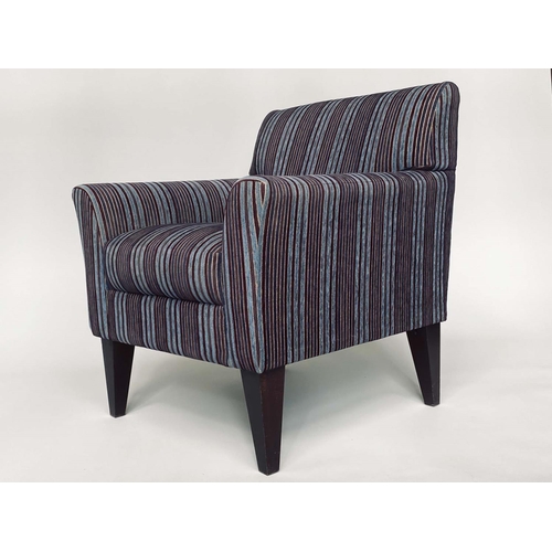 289 - ARMCHAIR, striped woven blue, grey and brown upholstery, with tapering supports, 75cm W.