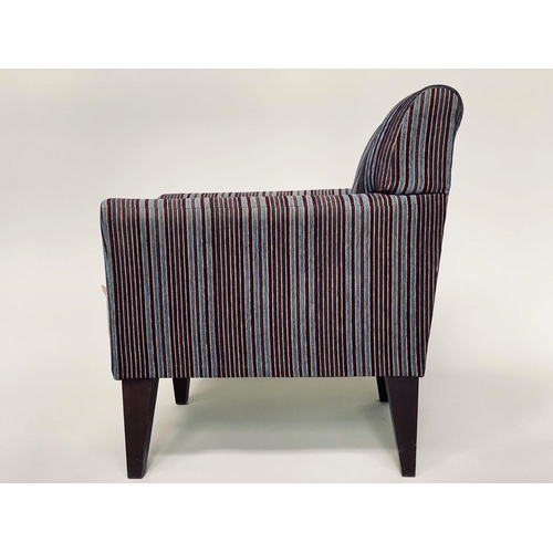289 - ARMCHAIR, striped woven blue, grey and brown upholstery, with tapering supports, 75cm W.