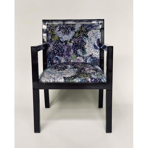 291 - ARMCHAIR, lacquered wood grained, with polychrome woven upholstered back and seat, 57cm W.