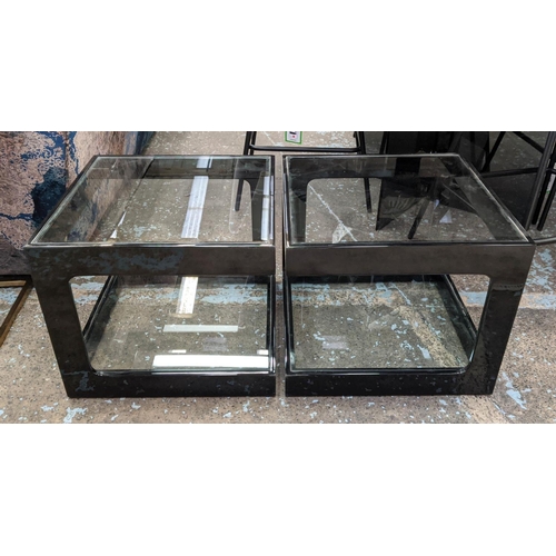 391 - SIDE TABLES, a pair, black lacquered, glass top and under tier, 50cm x 50cm x 42cm. (2)