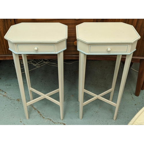 393 - SIDE TABLES, a pair, painted finish, each with one drawer, 33.5cm x 25.5cm x 64.5cm. (2)