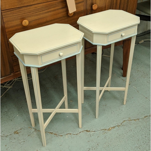 393 - SIDE TABLES, a pair, painted finish, each with one drawer, 33.5cm x 25.5cm x 64.5cm. (2)