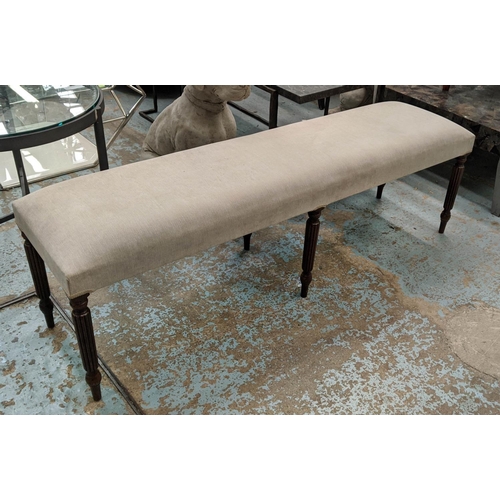 395 - HALL SEAT, 146cm x 40cm x 50cm, neutral fabric upholstered, reeded supports.