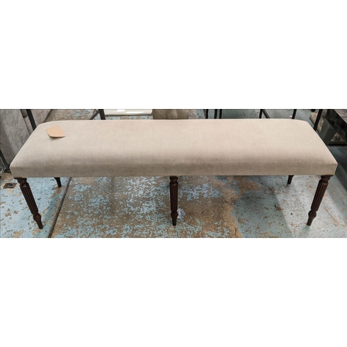 395 - HALL SEAT, 146cm x 40cm x 50cm, neutral fabric upholstered, reeded supports.