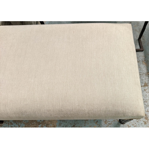 395 - HALL SEAT, 146cm x 40cm x 50cm, neutral fabric upholstered, reeded supports.