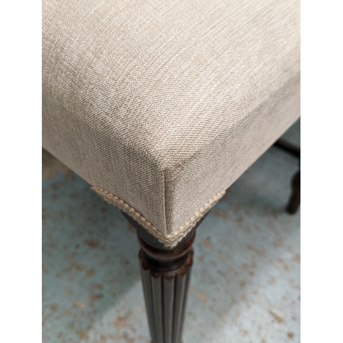 395 - HALL SEAT, 146cm x 40cm x 50cm, neutral fabric upholstered, reeded supports.