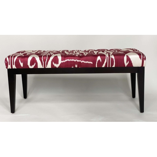 397 - WINDOW SEAT, batik style crimson and buttoned upholstery, 111cm W.