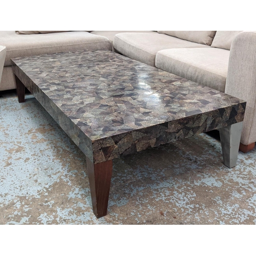 407 - LOW TABLE, segmented faux marble design hardwood legs, two painted silver 36cm H x 160cm W x 80cm D.