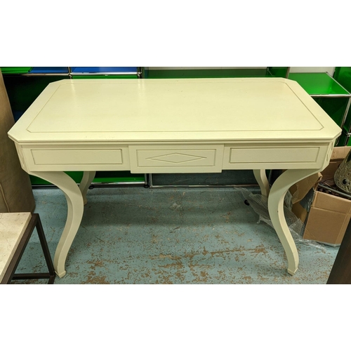 408 - WRITING TABLE, 118cm x 62cm x 76cm H, cream painted with three drawers.