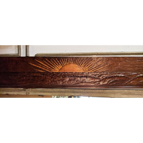 212 - CARVED WOOD PANEL 43cm H x 295cm L, oak, early 20th century, depicting two ships, a rolling sea and ... 