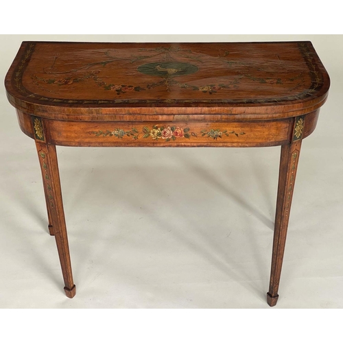 157 - SATINWOOD CARD TABLE, George III with painted D foldover baize lined top having central medallion an... 