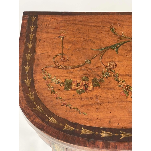 157 - SATINWOOD CARD TABLE, George III with painted D foldover baize lined top having central medallion an... 