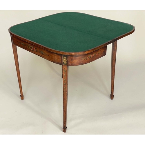 157 - SATINWOOD CARD TABLE, George III with painted D foldover baize lined top having central medallion an... 