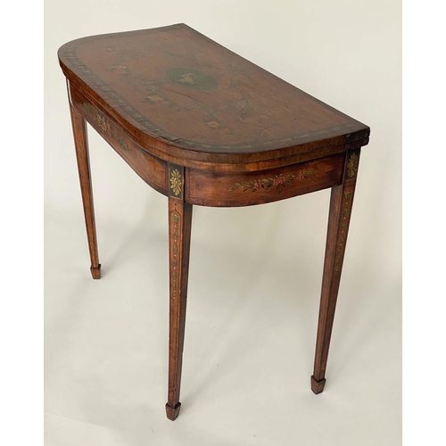 157 - SATINWOOD CARD TABLE, George III with painted D foldover baize lined top having central medallion an... 