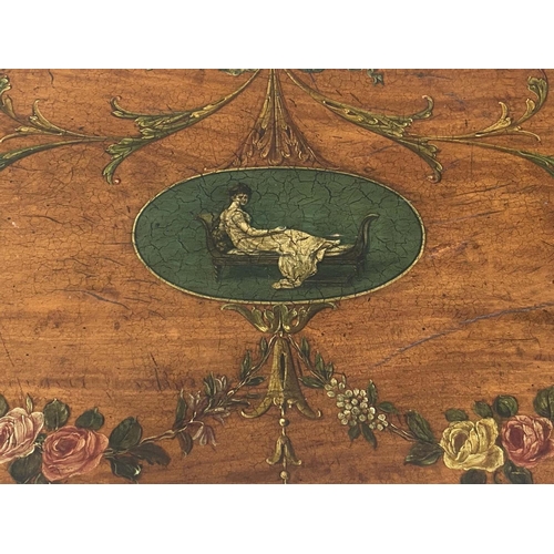 157 - SATINWOOD CARD TABLE, George III with painted D foldover baize lined top having central medallion an... 