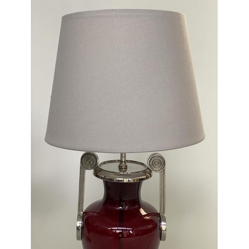 166 - TABLE LAMPS BY CHARLES EDWARDS, a pair, ruby glass and silvered metal mounted, with shades, 69cm H. ... 