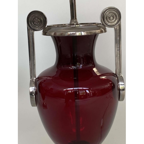 166 - TABLE LAMPS BY CHARLES EDWARDS, a pair, ruby glass and silvered metal mounted, with shades, 69cm H. ... 