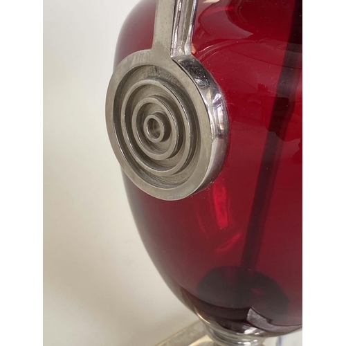 166 - TABLE LAMPS BY CHARLES EDWARDS, a pair, ruby glass and silvered metal mounted, with shades, 69cm H. ... 