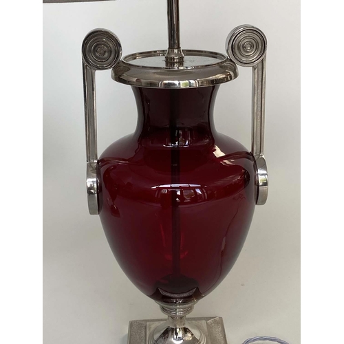 166 - TABLE LAMPS BY CHARLES EDWARDS, a pair, ruby glass and silvered metal mounted, with shades, 69cm H. ... 