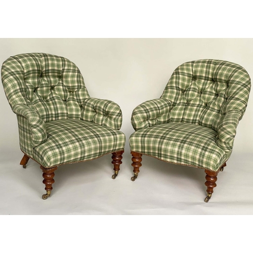 167 - ARMCHAIRS, a pair, Victorian walnut with green check/tartan upholstery, deep button back scroll arms... 