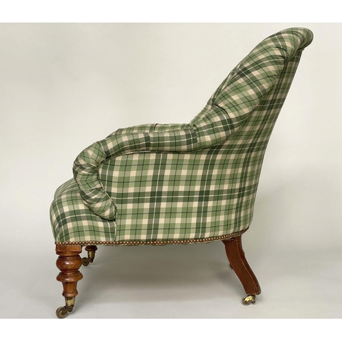167 - ARMCHAIRS, a pair, Victorian walnut with green check/tartan upholstery, deep button back scroll arms... 