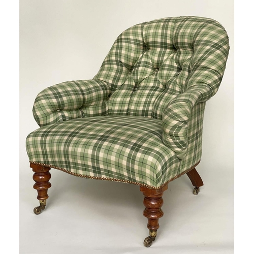 167 - ARMCHAIRS, a pair, Victorian walnut with green check/tartan upholstery, deep button back scroll arms... 