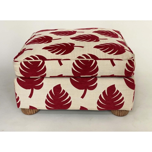 169 - CENTRE STOOL, square with burgundy/cream pine cone linen fabric upholstery and bun supports, 80cm x ... 