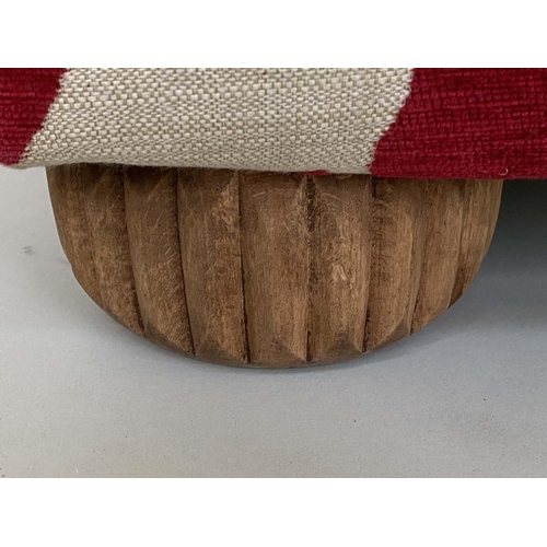 169 - CENTRE STOOL, square with burgundy/cream pine cone linen fabric upholstery and bun supports, 80cm x ... 