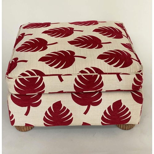 169 - CENTRE STOOL, square with burgundy/cream pine cone linen fabric upholstery and bun supports, 80cm x ... 