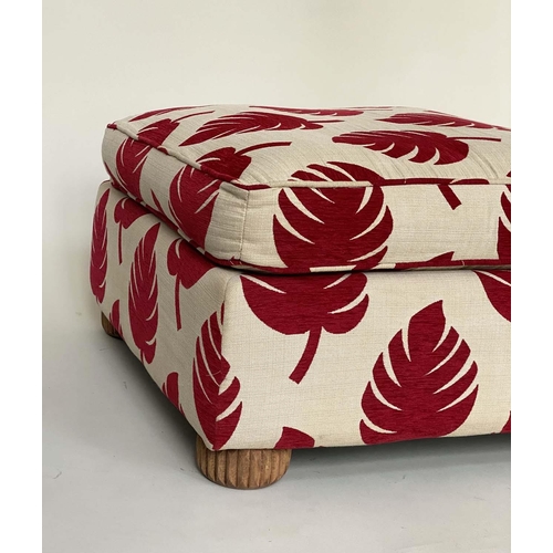 169 - CENTRE STOOL, square with burgundy/cream pine cone linen fabric upholstery and bun supports, 80cm x ... 