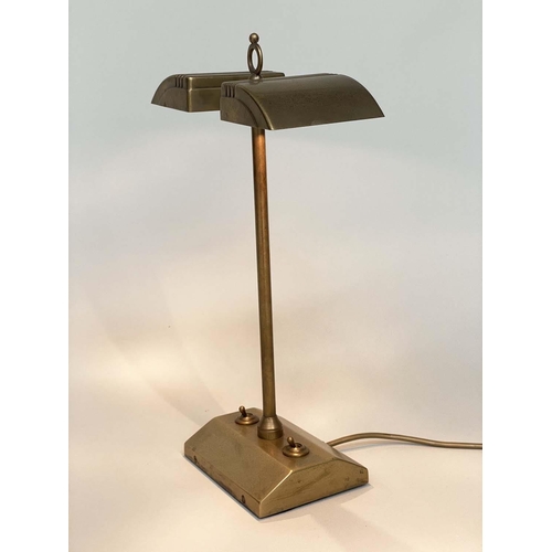 172 - BANKERS/STUDY TABLE LAMP BY BESSELINK AND JONES, gilt lacquered bronze with opposing lidded lamps on... 