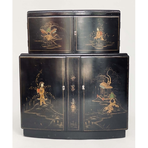 174 - CHINOISERIE BAR, 1930s black lacquered and polychrome gilt decorated with two parts of panelled door... 