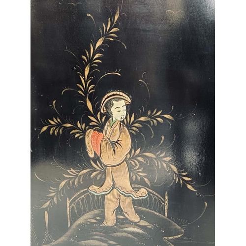 174 - CHINOISERIE BAR, 1930s black lacquered and polychrome gilt decorated with two parts of panelled door... 