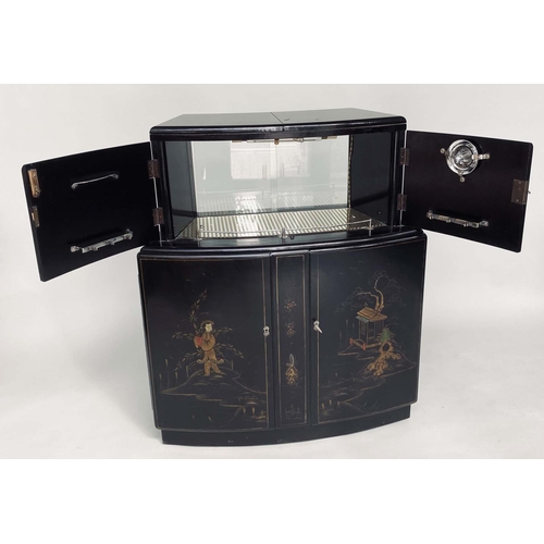 174 - CHINOISERIE BAR, 1930s black lacquered and polychrome gilt decorated with two parts of panelled door... 