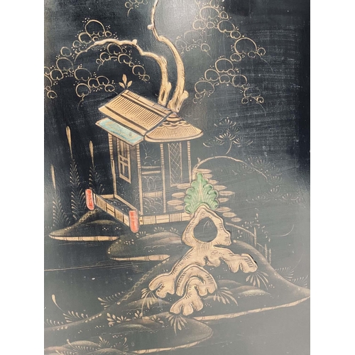 174 - CHINOISERIE BAR, 1930s black lacquered and polychrome gilt decorated with two parts of panelled door... 