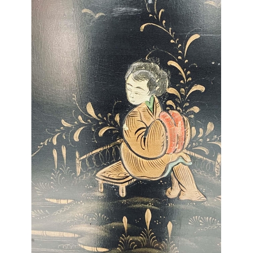 174 - CHINOISERIE BAR, 1930s black lacquered and polychrome gilt decorated with two parts of panelled door... 
