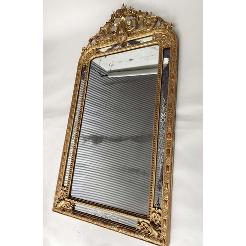 175 - OVERMANTEL, 19th century Venetian giltwood and gesso moulded of arched form with etched marginal mir... 