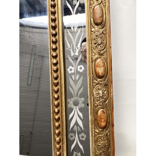 175 - OVERMANTEL, 19th century Venetian giltwood and gesso moulded of arched form with etched marginal mir... 
