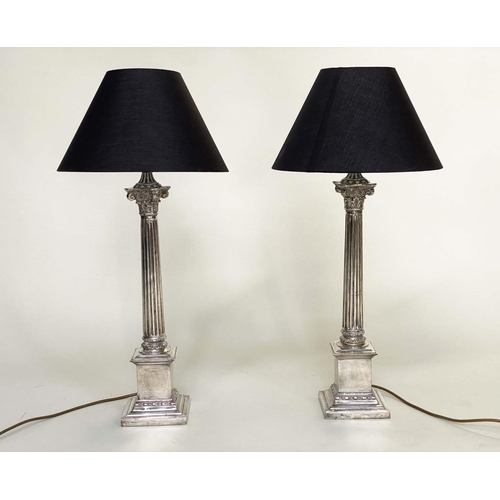 178 - COLUMN TABLE LAMPS, a pair, silvered Corithian capped fluted columns with plinths and shades, 73cm H... 
