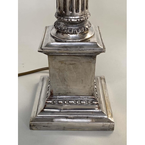 178 - COLUMN TABLE LAMPS, a pair, silvered Corithian capped fluted columns with plinths and shades, 73cm H... 