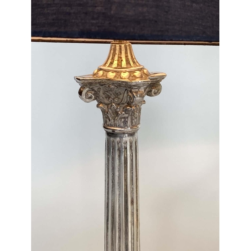 178 - COLUMN TABLE LAMPS, a pair, silvered Corithian capped fluted columns with plinths and shades, 73cm H... 