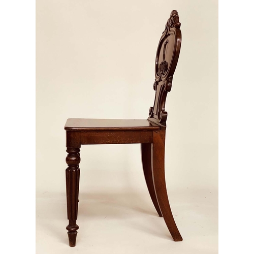 180 - HALL CHAIRS, a pair, Regency period mahogany each with scroll carved rounded backs, panel seats and ... 